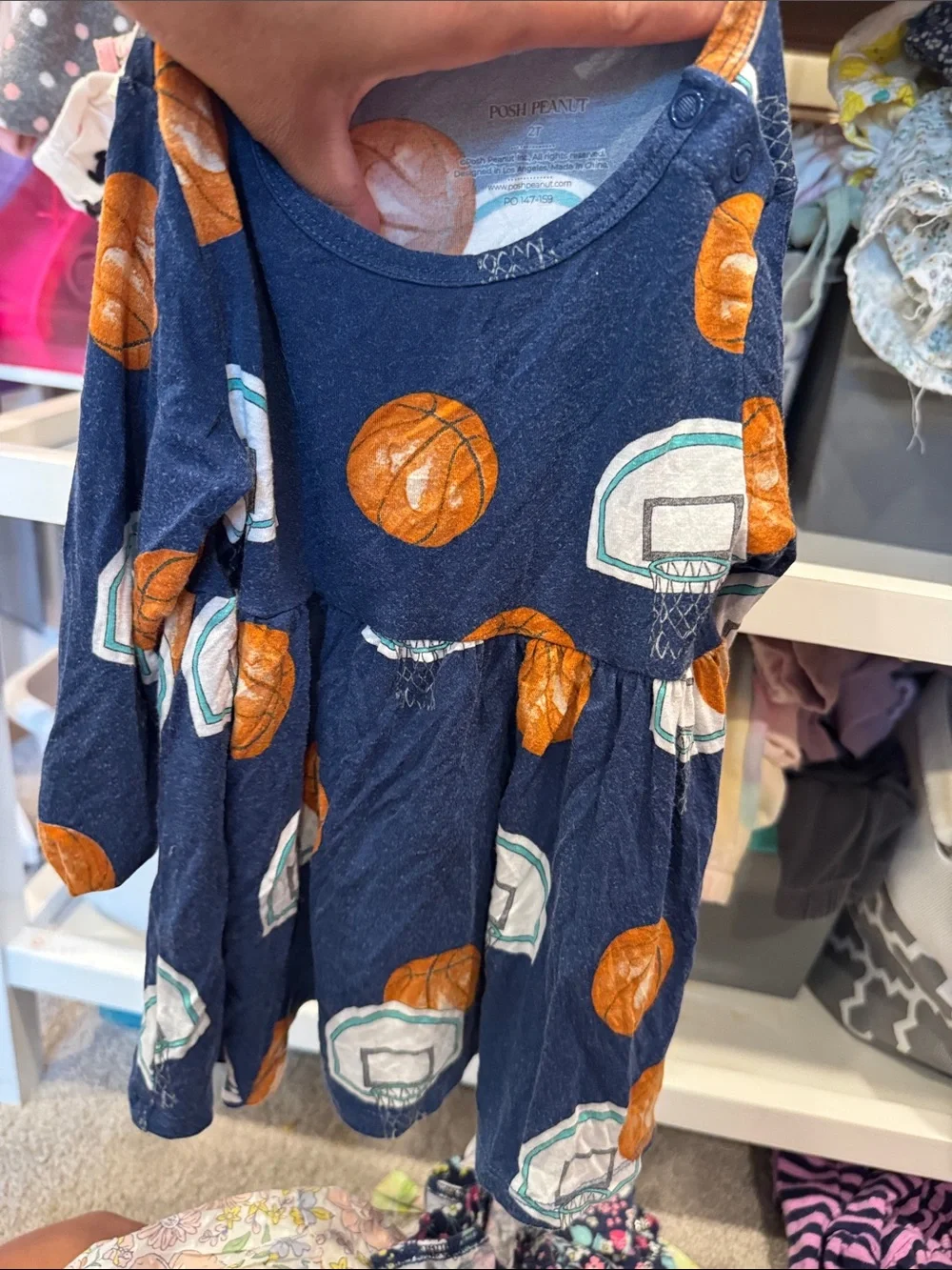 Posh Peanut Navy Orange Basketball Print Long Sleeve baby Dress